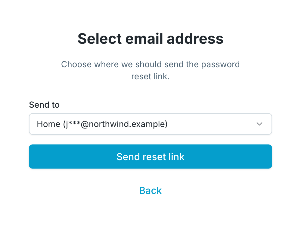 The Select email address step: a Send to picker showing Home (j***@northwind.example), the Send reset link button, and Back beneath it.