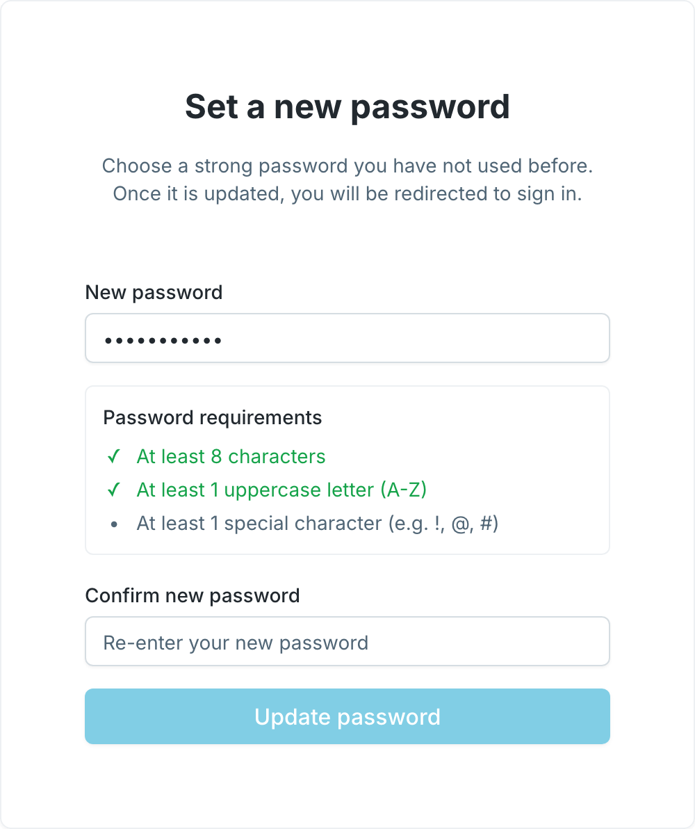 The Set a new password card: the New password field filled, the three requirements with the first two checked off in green and the third still a bullet, the confirm field empty and Update password grayed out.