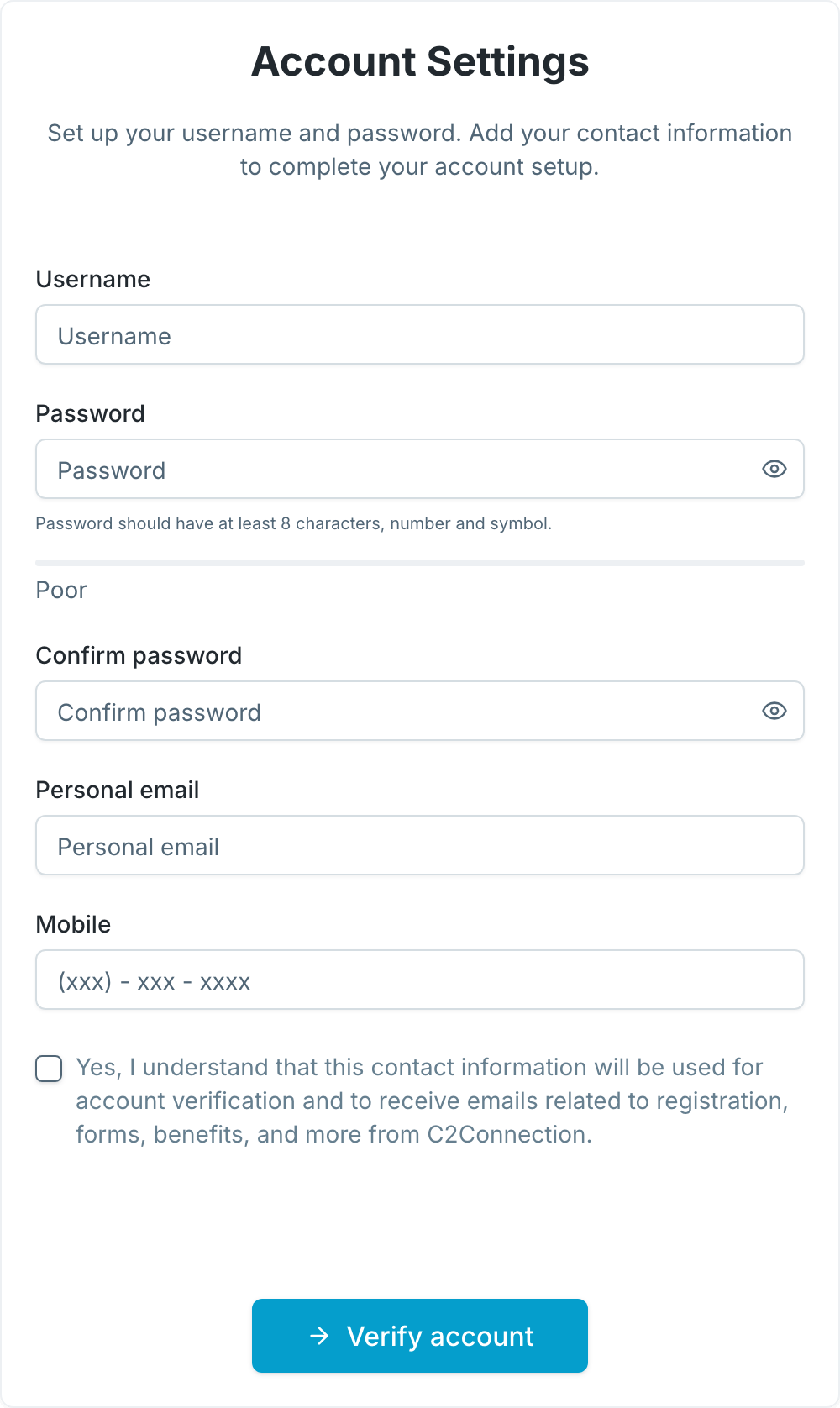The Account Settings step: Username, Password with a strength meter, Confirm password, Personal email, Mobile, the consent checkbox and Verify account.