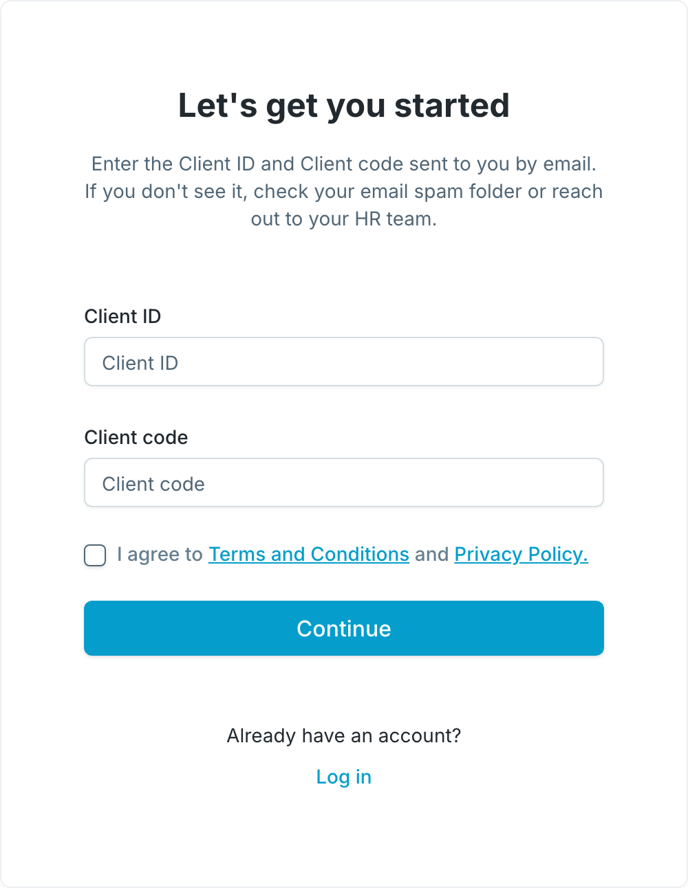 The registration card: Client ID and Client code fields, the Terms and Privacy checkbox, and the Continue button.